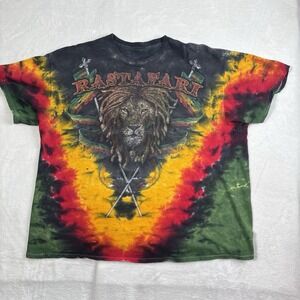 VTG Y2K Jamaica Rastafari Lion Short Sleeve Tie-Dye Shirt Women's 2XL Distressed